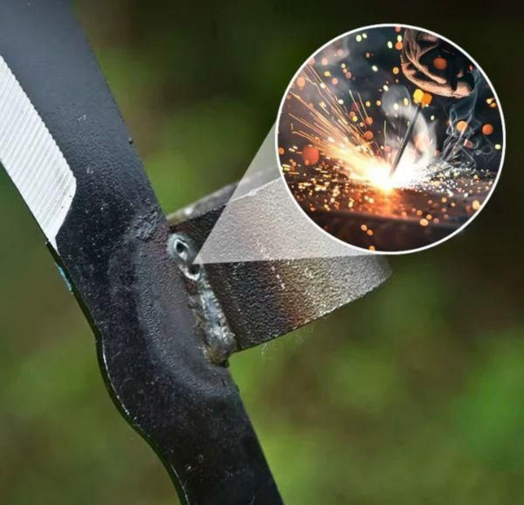 Close-up of a metal tool with welding action inset showing sparks.
