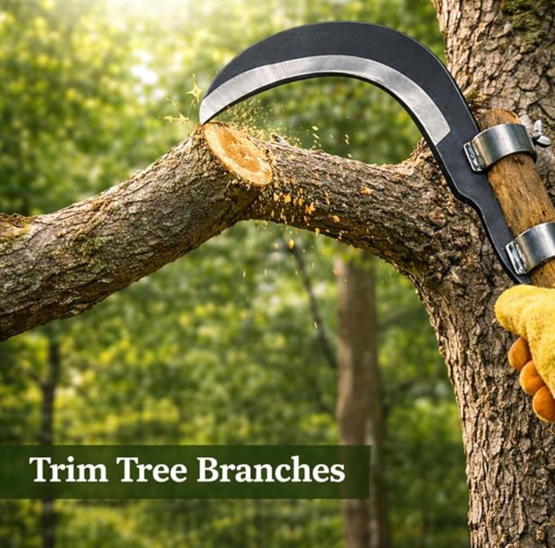Tree pruner cutting a branch with a blurred green forest background