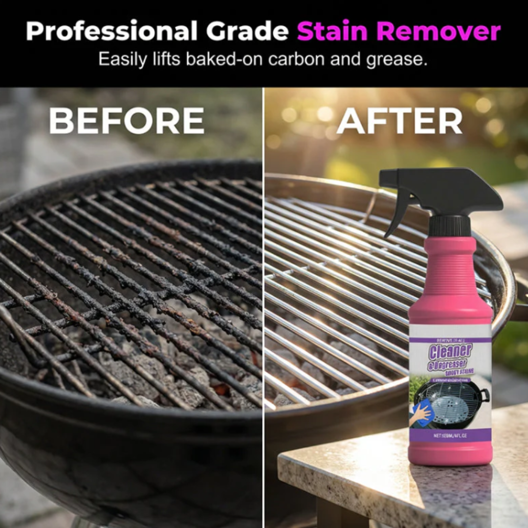 Before and after comparison of a grill with a stain remover spray bottle.