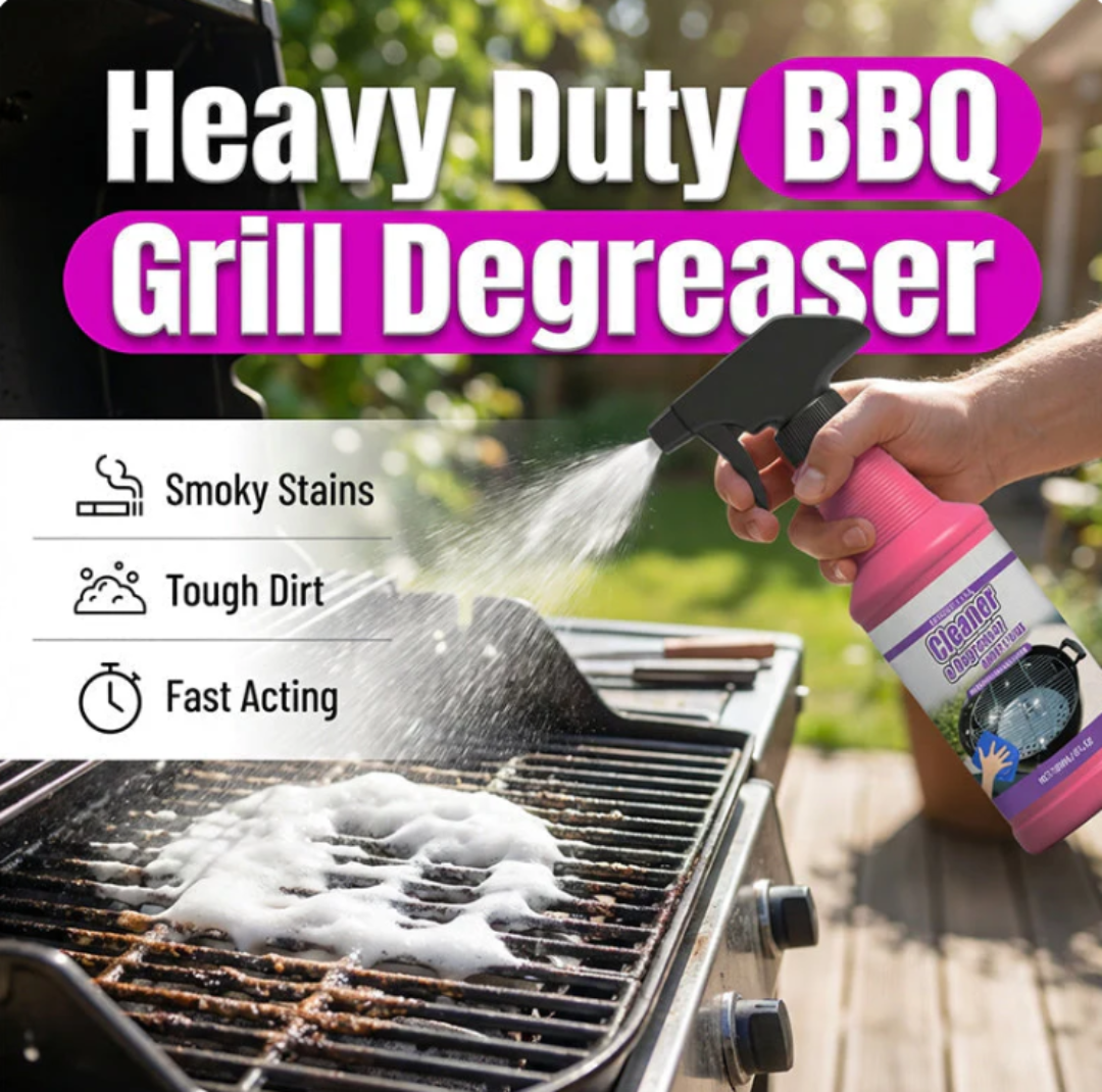 Heavy Duty BBQ Grill Degreaser being used on a grill with text highlighting its features.