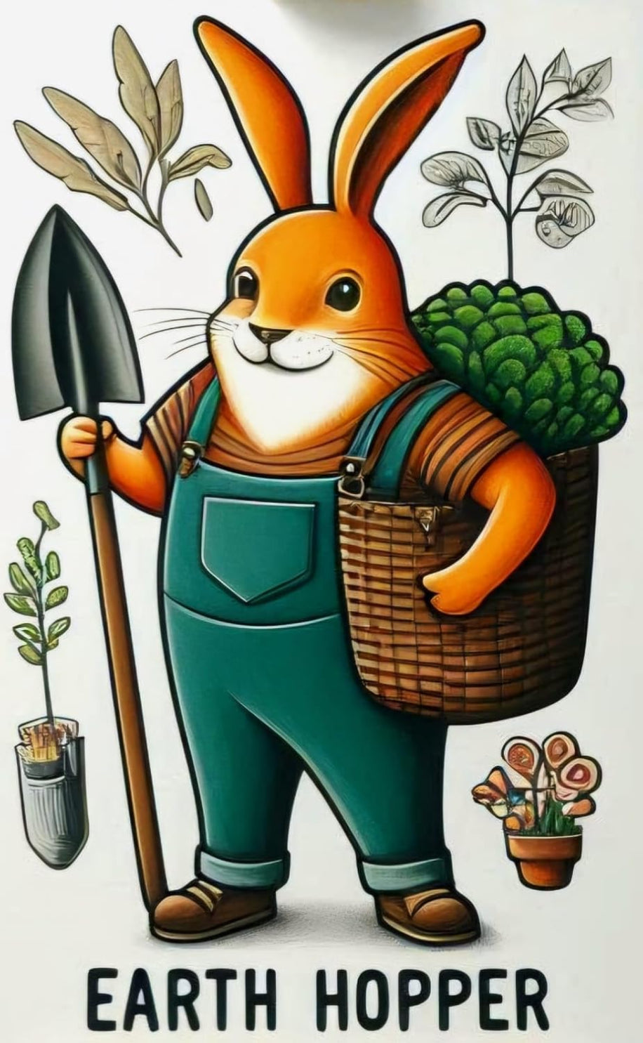 Cartoon rabbit character holding a basket of vegetables and a trowel, with 'Earth Hopper' text below.