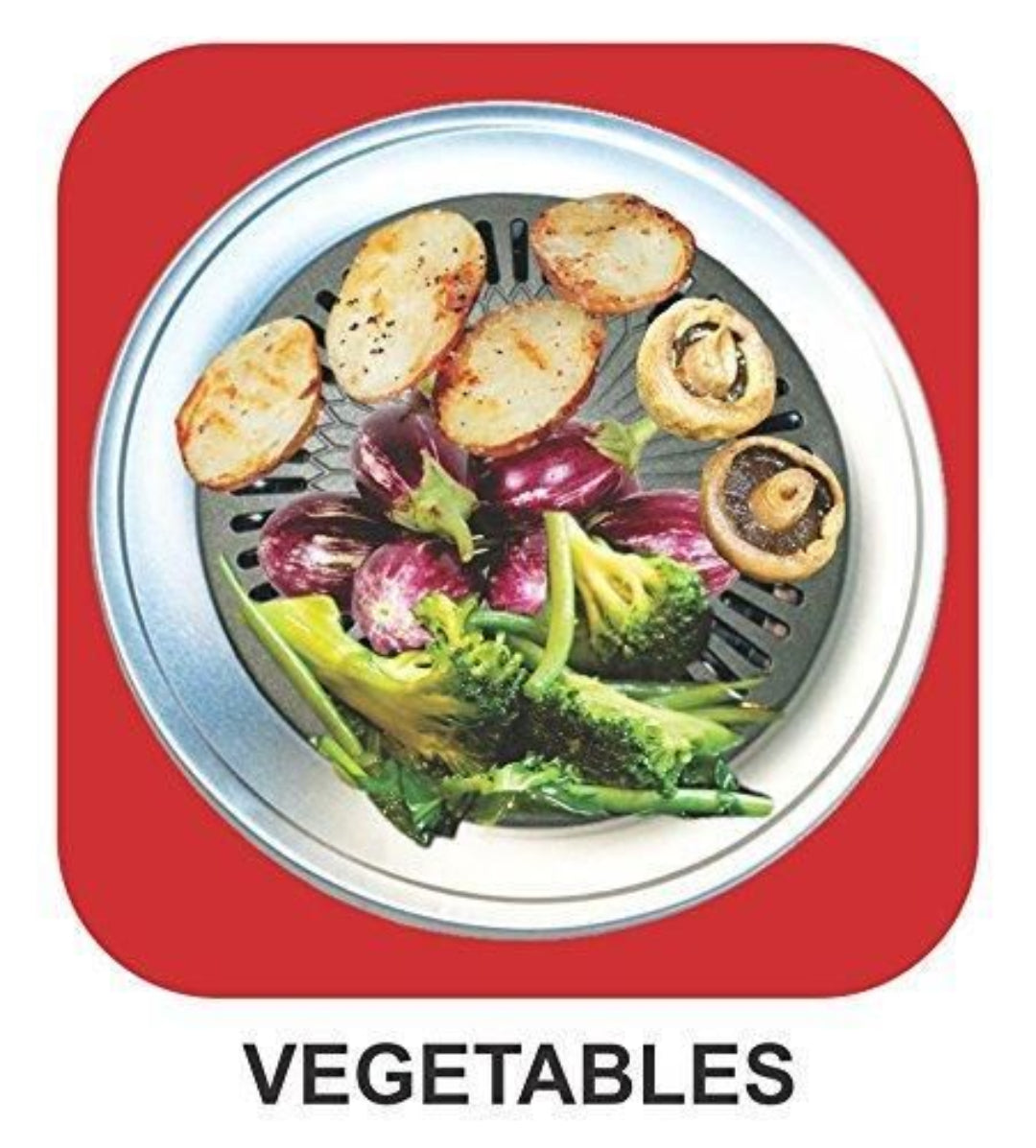 Vegetables on a grill pan with a red border and 'VEGETABLES' text below.