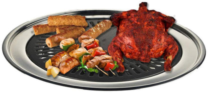 Grill pan with roasted chicken, sausages, and skewered vegetables on a white background
