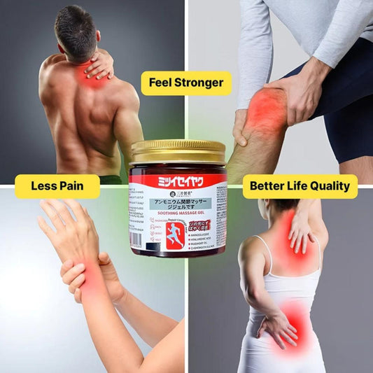 Product packaging with people experiencing pain relief and text indicating benefits.