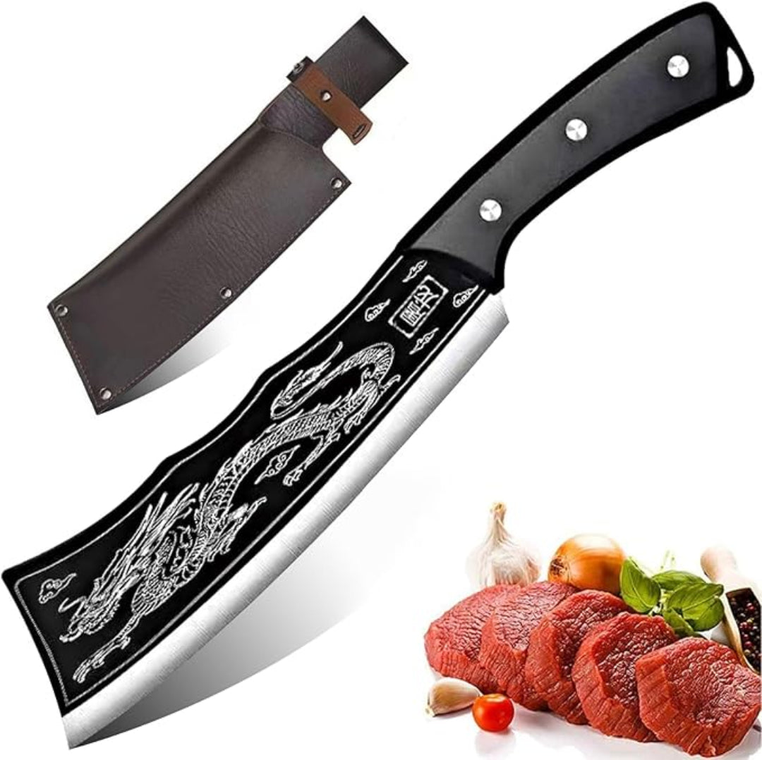 Decorative cleaver with dragon design on a white background, next to sliced meat and vegetables.