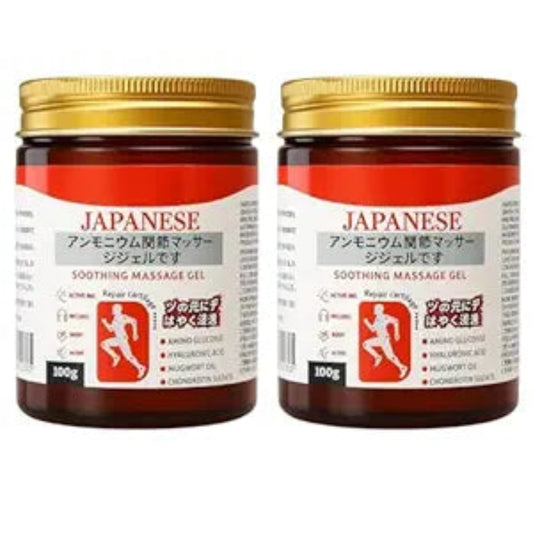 Two jars of Japanese soother massage gel on a white background