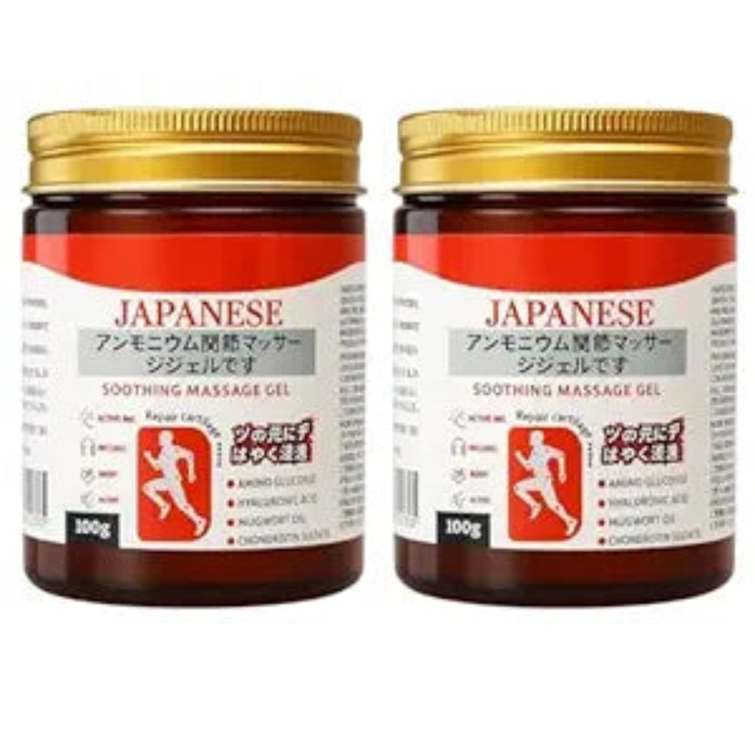 Two jars of Japanese soother massage gel on a white background