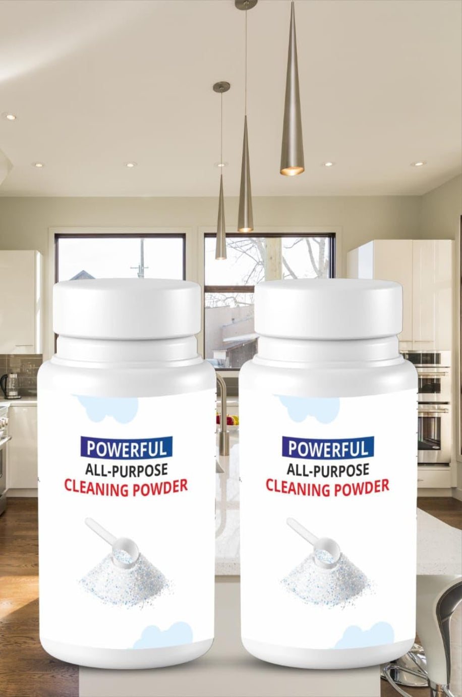 Two bottles of powerful all-purpose cleaning powder in a kitchen setting.