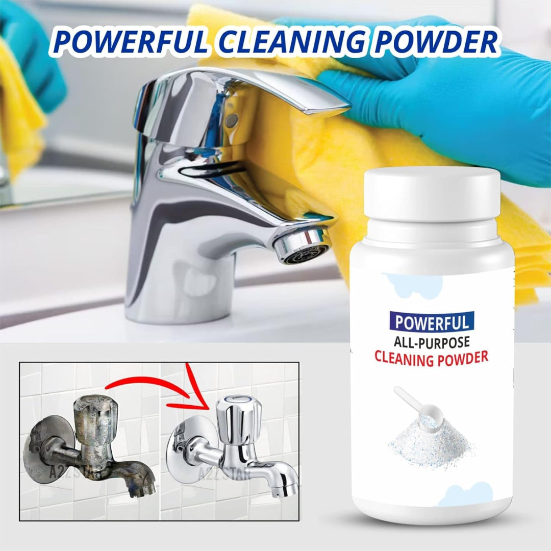 Cleaning powder bottle with a faucet and gloves in the background, labeled 'Powerful Cleaning Powder'.