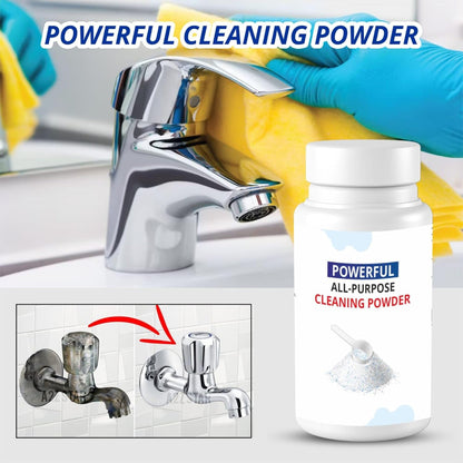 Cleaning powder bottle with a faucet and gloves in the background, labeled 'Powerful Cleaning Powder'.