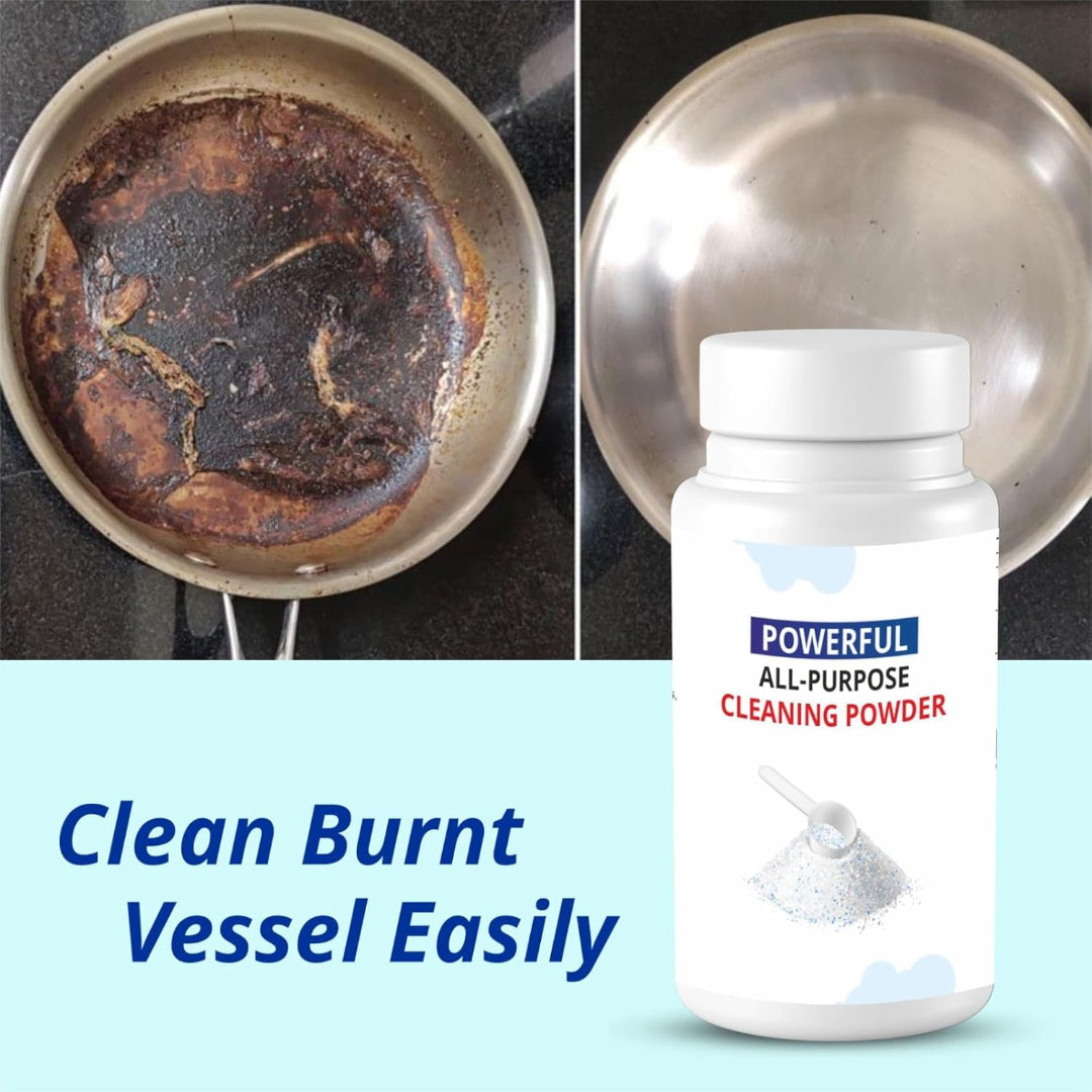 Before and after comparison of a burnt pan with cleaning powder and text 'Clean Burnt Vessel Easily'.