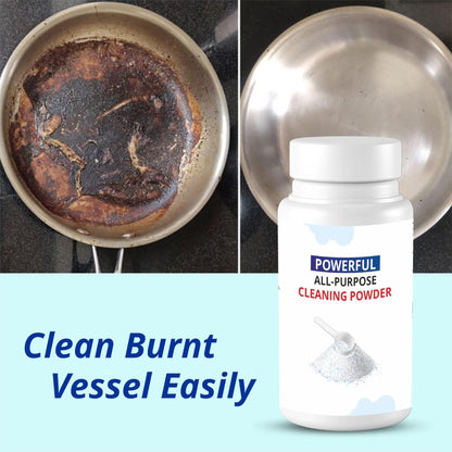 Before and after comparison of a burnt pan with cleaning powder and text 'Clean Burnt Vessel Easily'.
