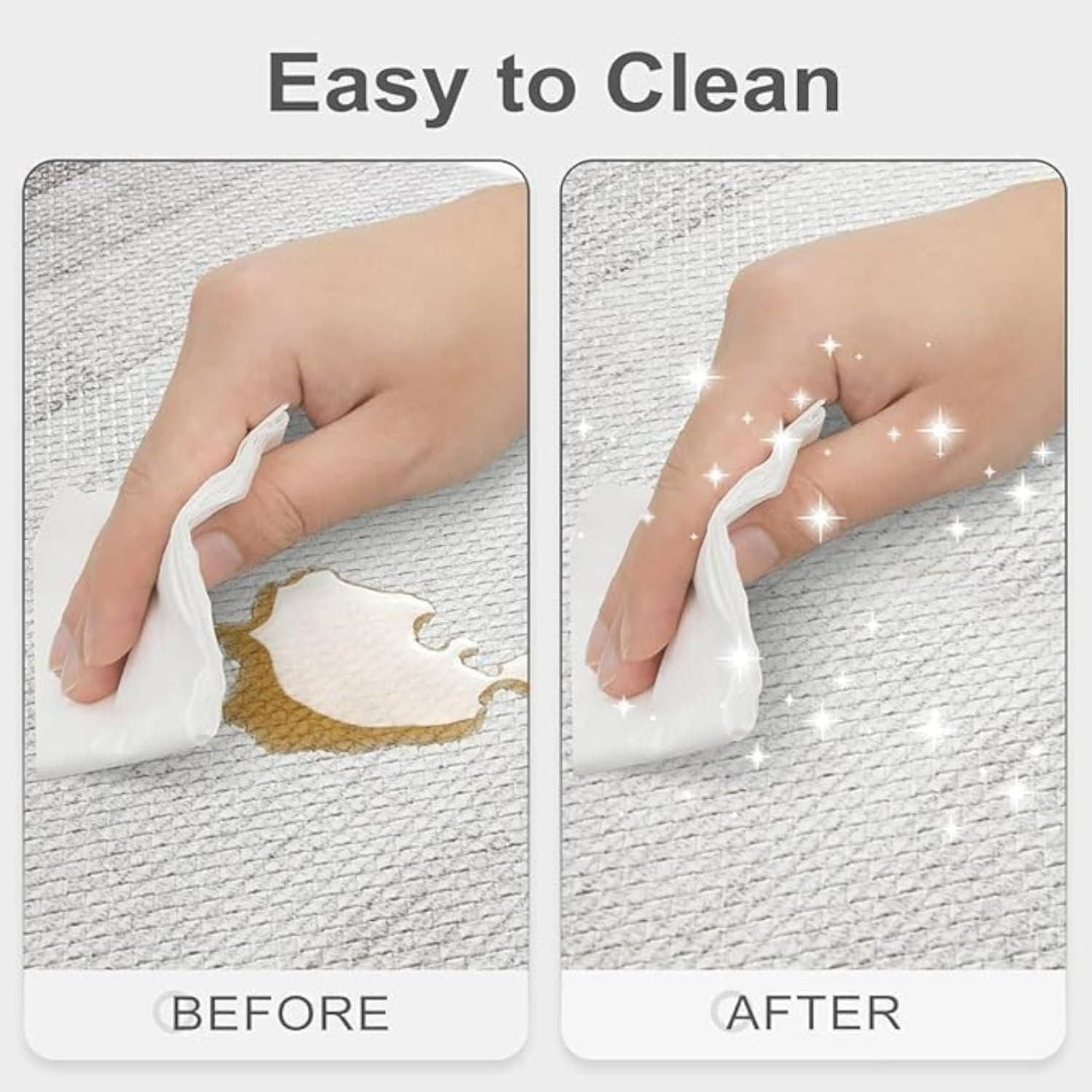 Before and after cleaning a stain with a white cloth on a textured surface.