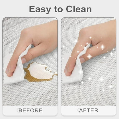 Before and after cleaning a stain with a white cloth on a textured surface.