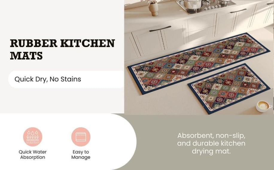 Decorative rubber kitchen mats with quick dry and no stain properties on a kitchen floor.