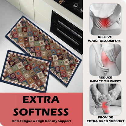 Two patterned mats on a floor with images of people experiencing discomfort and text about their benefits.