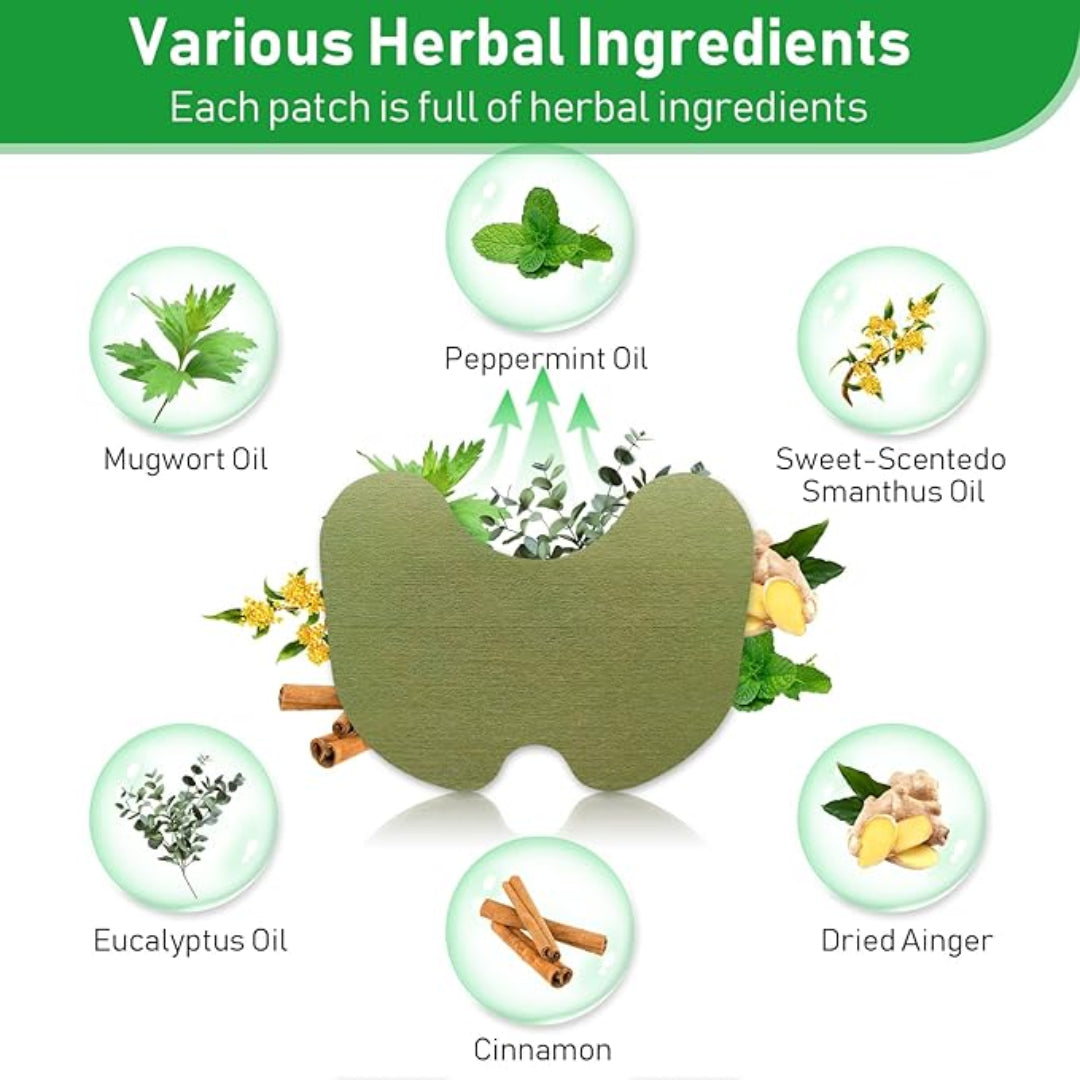 Herbal ingredients used in a patch with labels on a white background