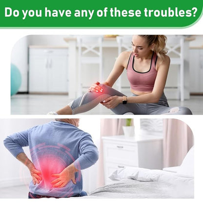 Two people experiencing pain in their legs and back, with a question about troubles.