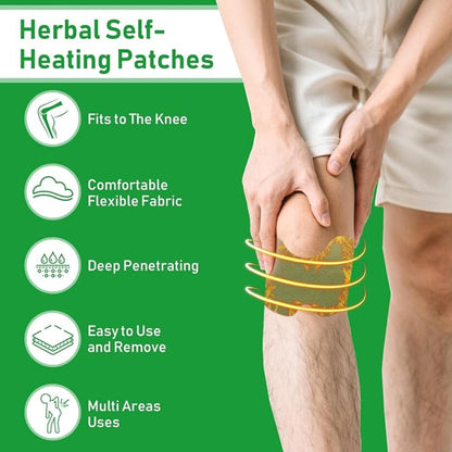 Herbal self-heating patches being used on a knee with product features listed.
