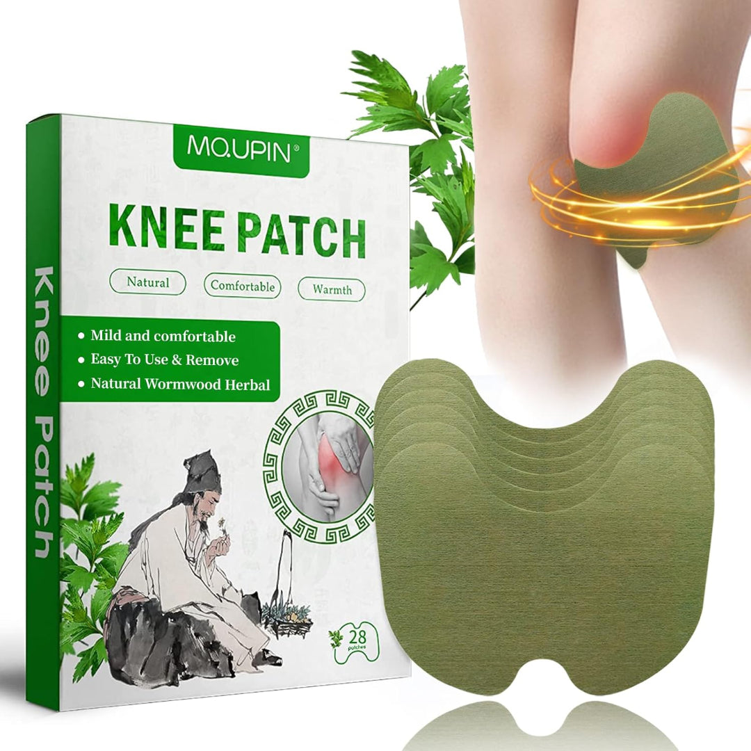 Knee patch packaging with green leafy background and a person applying the patch.