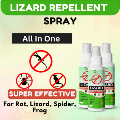 Lizard Repellent Spray packaging with bottles and text on a light background