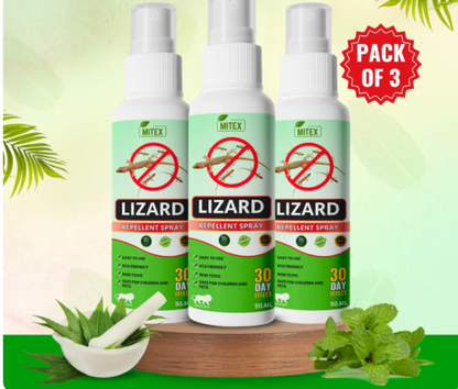 Pack of three Lizard Repellent Spray bottles with green and white labels on a decorative background.