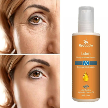 Bottle of Redapple Lutein VC skincare product with a close-up of a woman's eye.