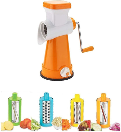 A 4 in 1 Rotary Drum Vegetable Grater & Slicer in various colors, with interchangeable drum blades, shown alongside vegetables and other food items it can grate or slice.