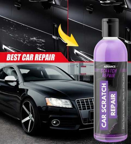 A bottle of Advance Car Scratch Repair with a visual background showing a car scratch repair process on a vehicle.
