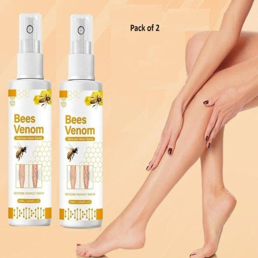 An advertisement image showing two bottles of Bee Venom Spider Veins Spray with a visual representation of spider veins on legs and an offer label saying 'BUY ONE GET ONE FREE'.