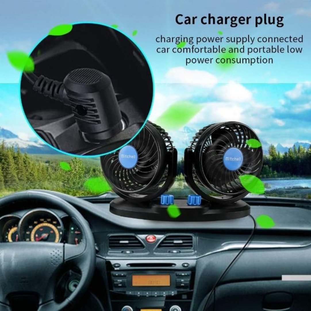 A black car air circulation fan with a 360-degree rotatable design, shown mounted on a car's dashboard. The fan is portable and has a low power consumption, designed to circulate air within a vehicle for comfort.