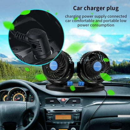 A black car air circulation fan with a 360-degree rotatable design, shown mounted on a car's dashboard. The fan is portable and has a low power consumption, designed to circulate air within a vehicle for comfort.