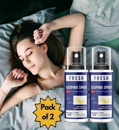 An advertisement image featuring two bottles of 'Fresh Sleeping Spray' with a woman lying down on a bed in the background, indicating the product's use for sleep.