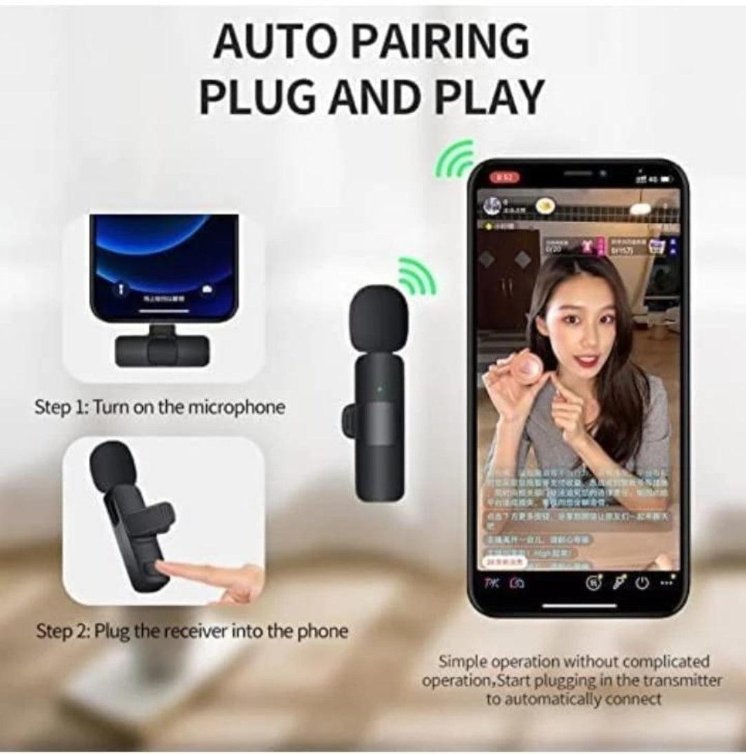 A promotional image showcasing the use of a wireless lavalier microphone with a smartphone, emphasizing features such as auto-pairing and plug-and-play functionality.