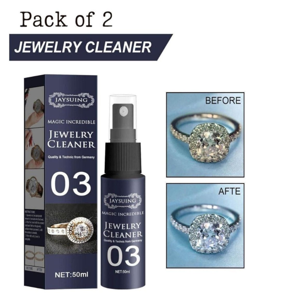 The image shows a pack of two jewelry cleaner sprays from MISS INDIA STORE, with a visual demonstration of a ring before and after cleaning, indicating the product's effectiveness.