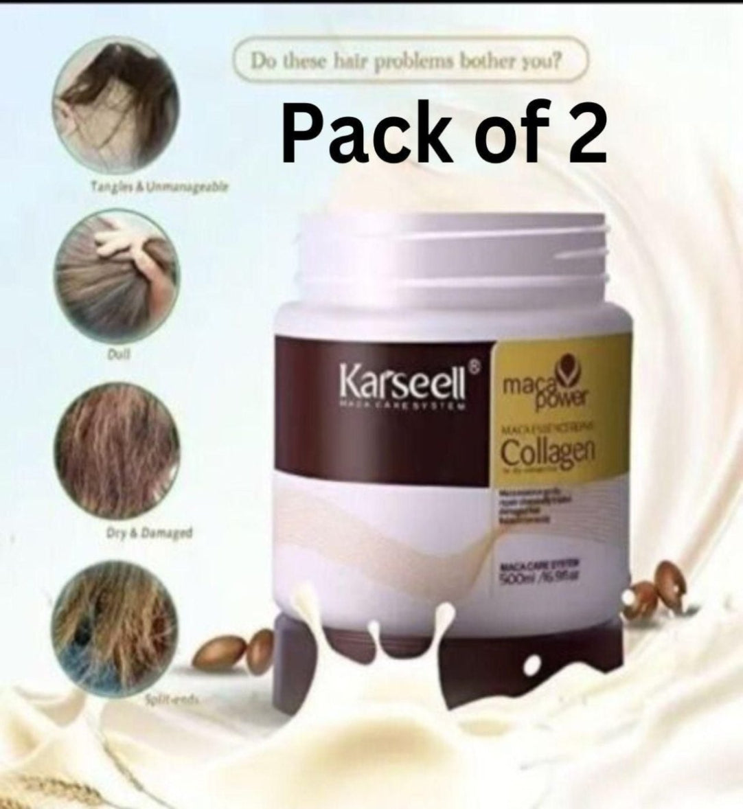 A pack of two Karseell Maca Power Collagen Hair Mask jars, with the main jar featuring the product name and descriptions of the benefits, such as promoting hair growth and elasticity, alongside images depicting hair before and after using the mask.