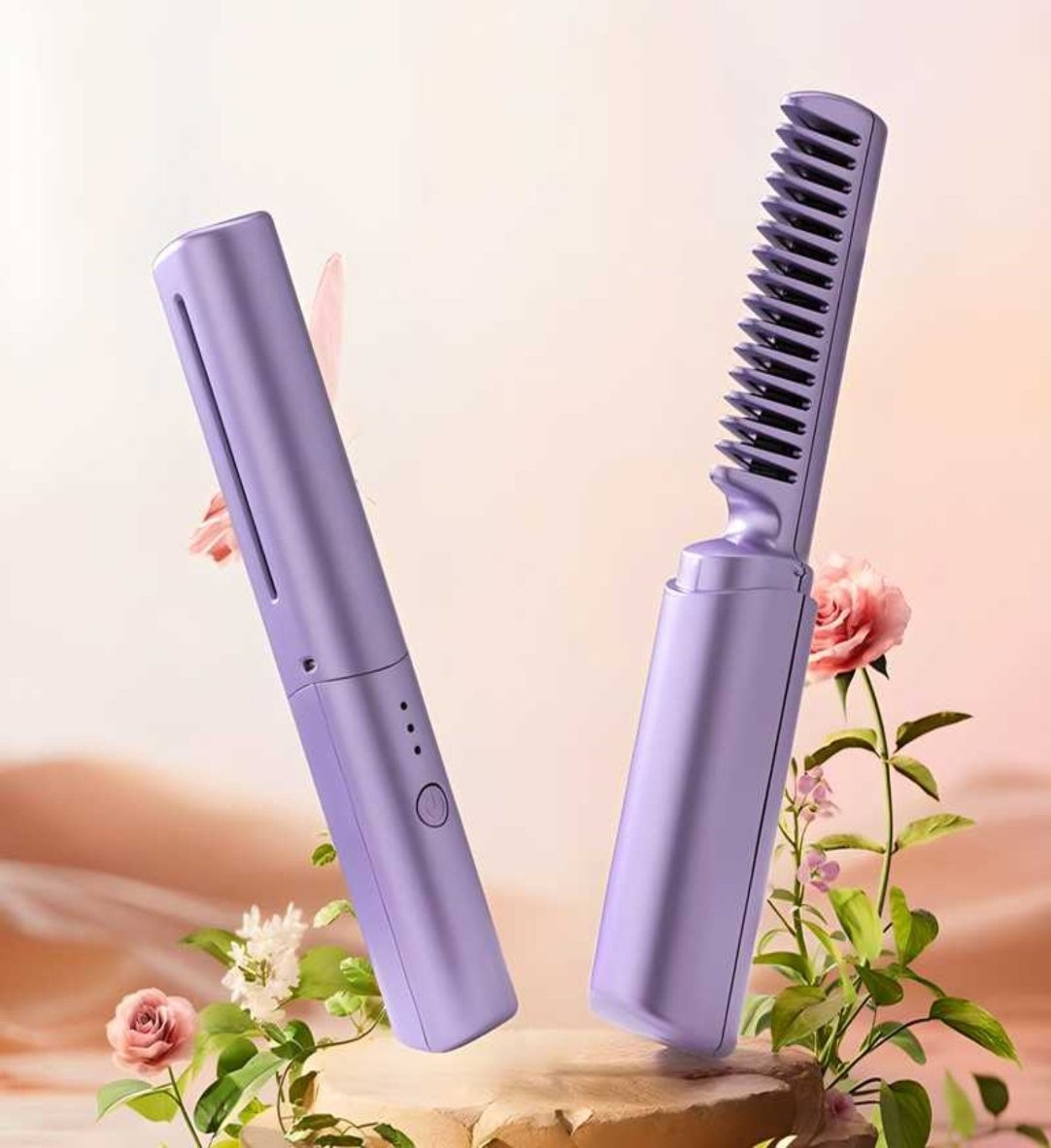 A portable mini hair straightener in purple color, depicted in two orientations, one showing the straightener in closed position and the other showing it open with the comb visible.