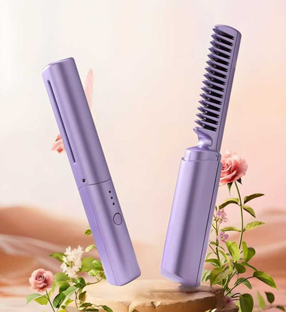 A portable mini hair straightener in purple color, depicted in two orientations, one showing the straightener in closed position and the other showing it open with the comb visible.