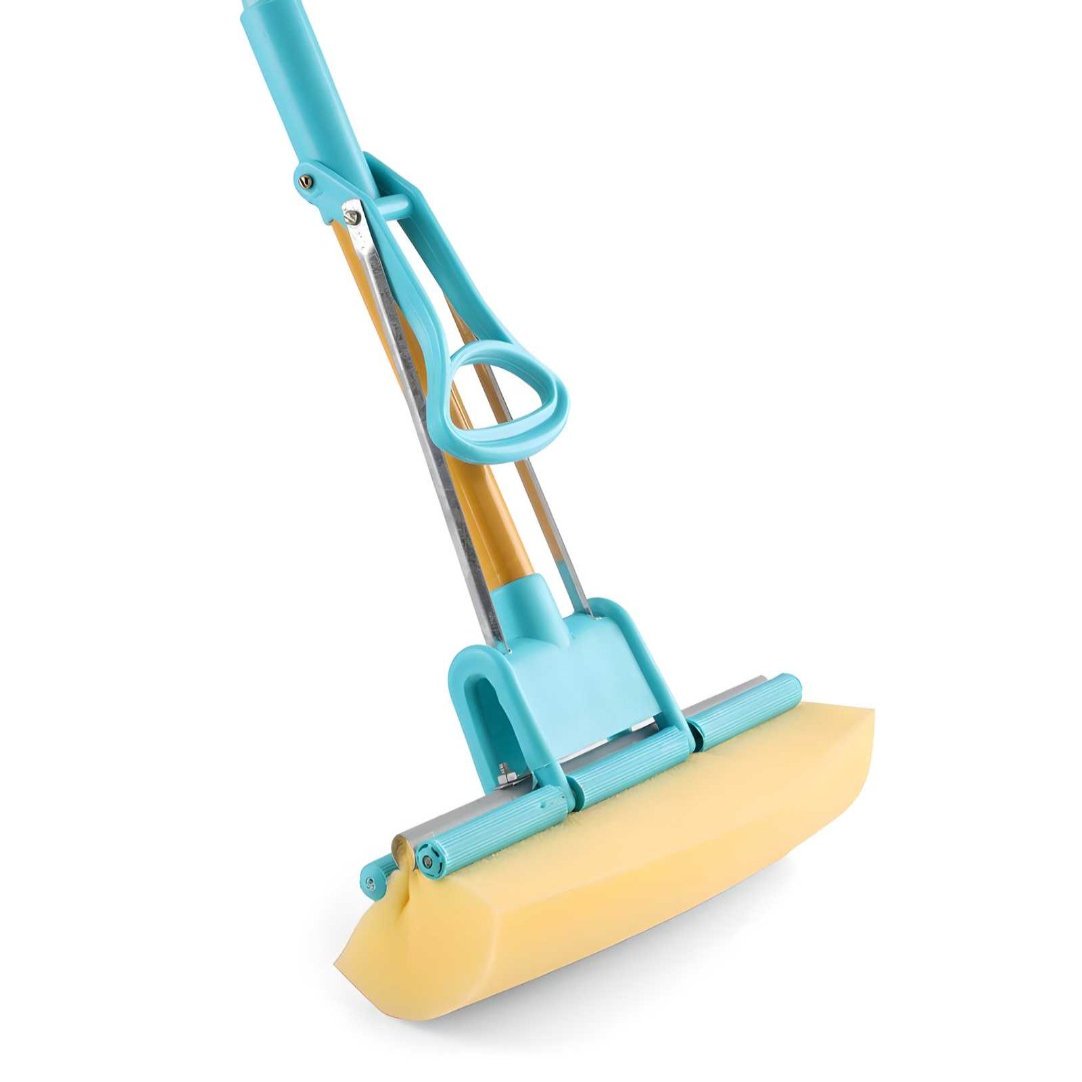 A foldable floor mop with a blue handle and a yellow microfiber head, featuring a built-in squeeze mechanism.