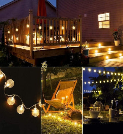 Collage of outdoor string lights on a deck, steps, and garden setting.