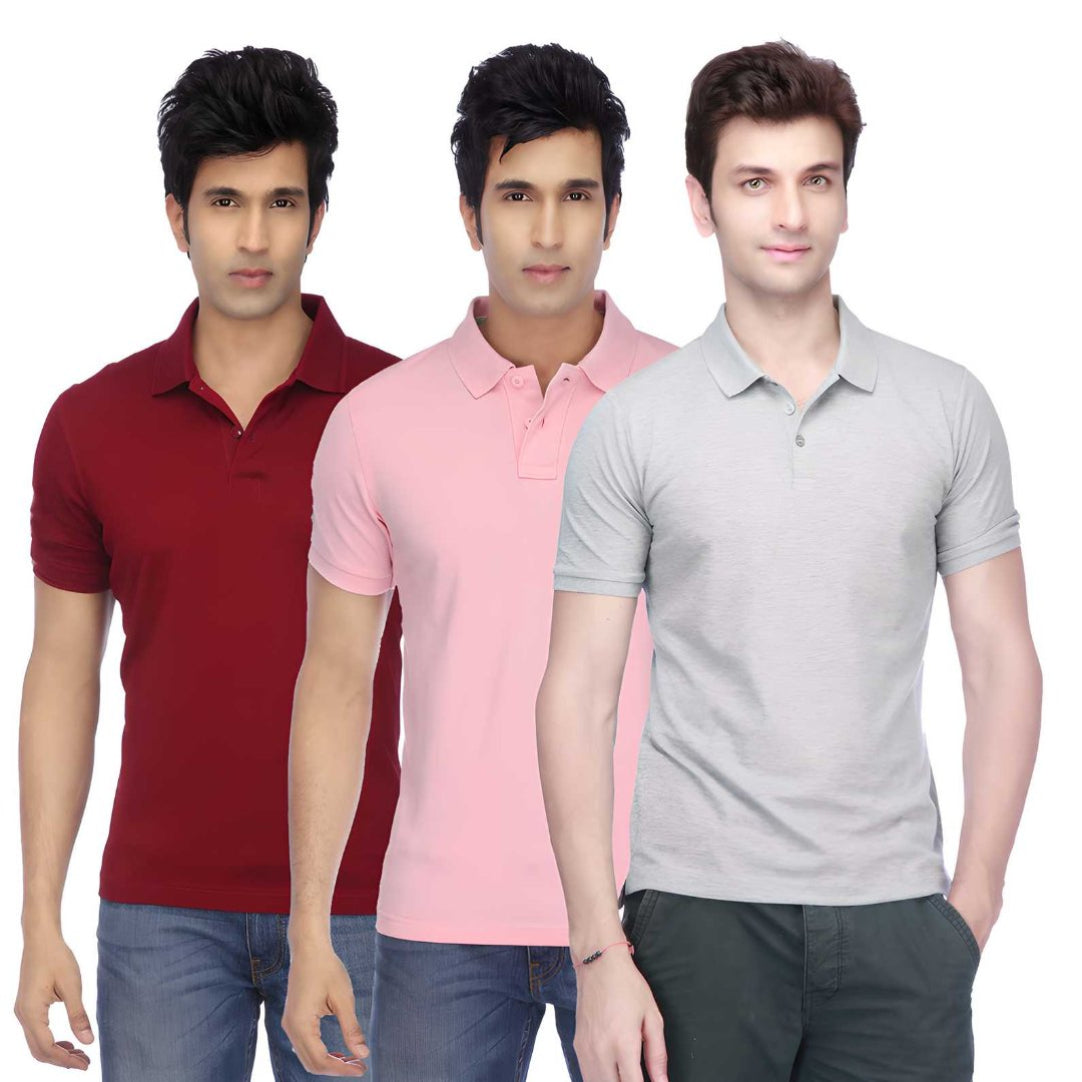 Three male models wearing half sleeves poly cotton solid color polo t-shirts in red, pink, and gray colors.