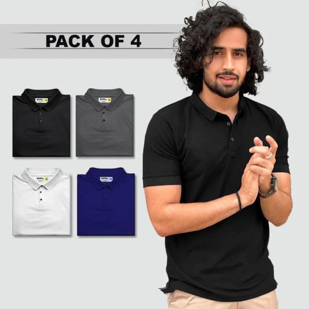 A model wearing a black polo t-shirt from the 'Poly Matte Assorted Solid Half Sleeves Men's Polo T-Shirt Pack of 4'. Other t-shirts in different colors are shown in smaller images beside the main image.