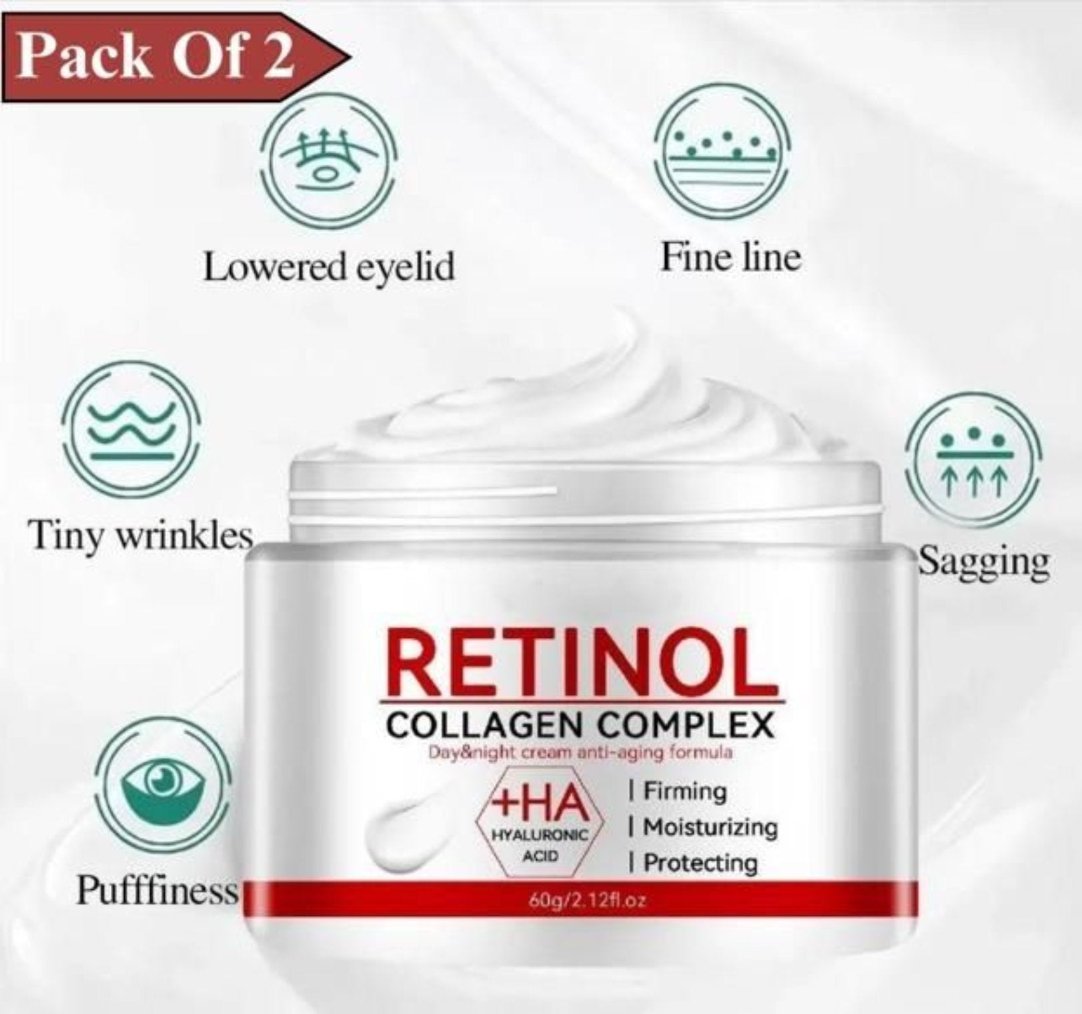 A pack of two Retinol Collagen Complex creams with the main cream container displayed in front. The packaging highlights features such as 'Lowered Eyelid', 'Fine Line', 'Tiny Wrinkles', 'Sagging', and 'Moisturizing'.