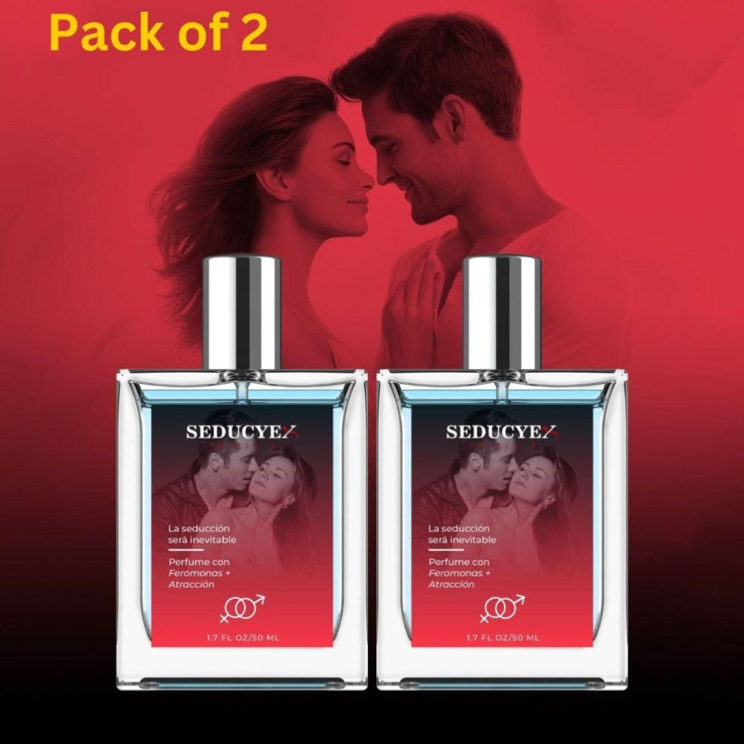 Two bottles of Seducye Triplex Extrait De Parfum with glass bottle caps and spray aluminium caps, displayed against a red and white background with a picture of a couple kissing in the background.
