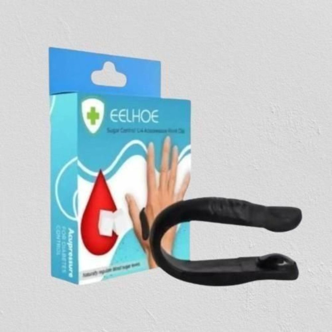 Packaging of EELHOE Sugar Control Acupressure Point Clip with a visual representation of the black clip and a graphic showing the acupressure point on a hand.