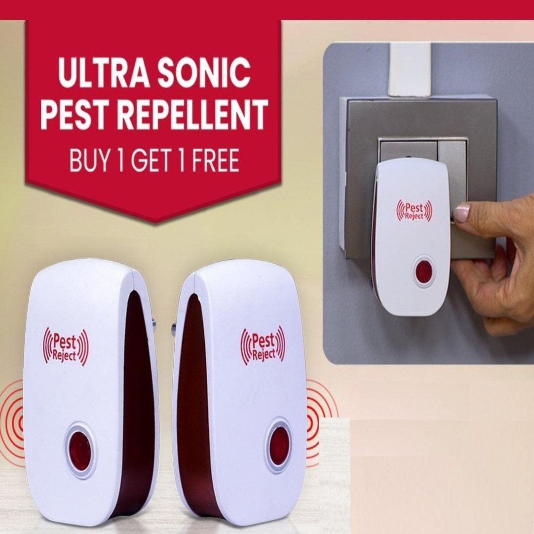 The image shows a promotional advertisement for an Ultrasonic Pest Repeller. It depicts two white devices with a red accent, and illustrates their use by demonstrating a hand pressing a button on one of the repellers.