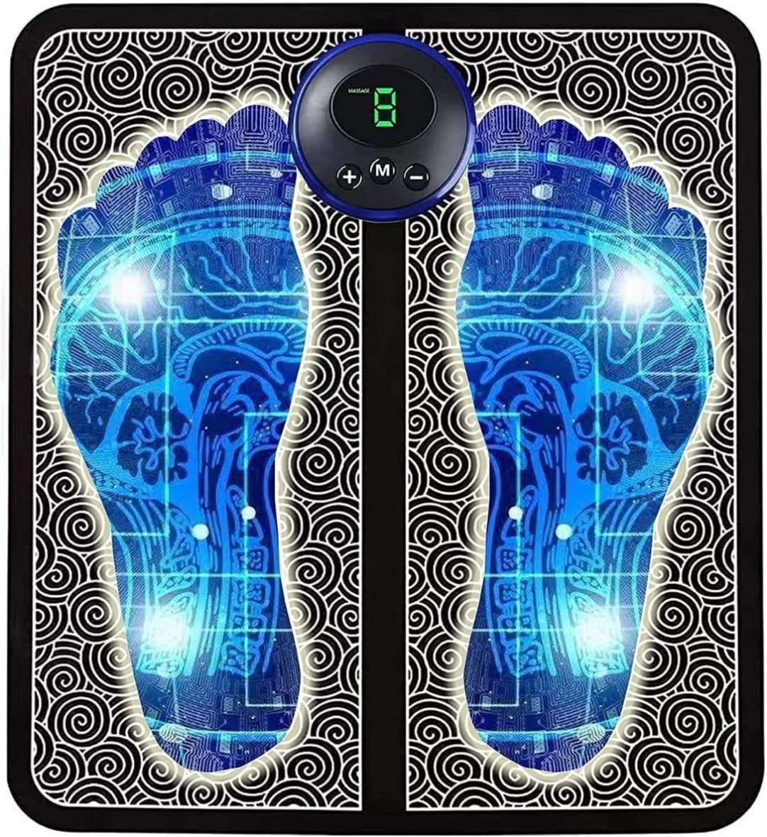 A foot massager pad with a vibrating function, featuring a design that resembles a footprint with blue and black colors. There is a digital control panel in the top right corner.