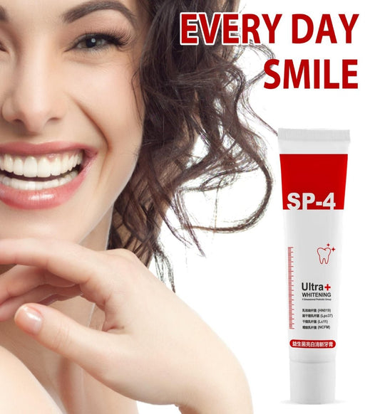 A tube of probiotic whitening toothpaste with natural ingredients, emphasizing its ability to remove stains and freshen breath, indicating it's safe for daily use and promotes overall oral health.