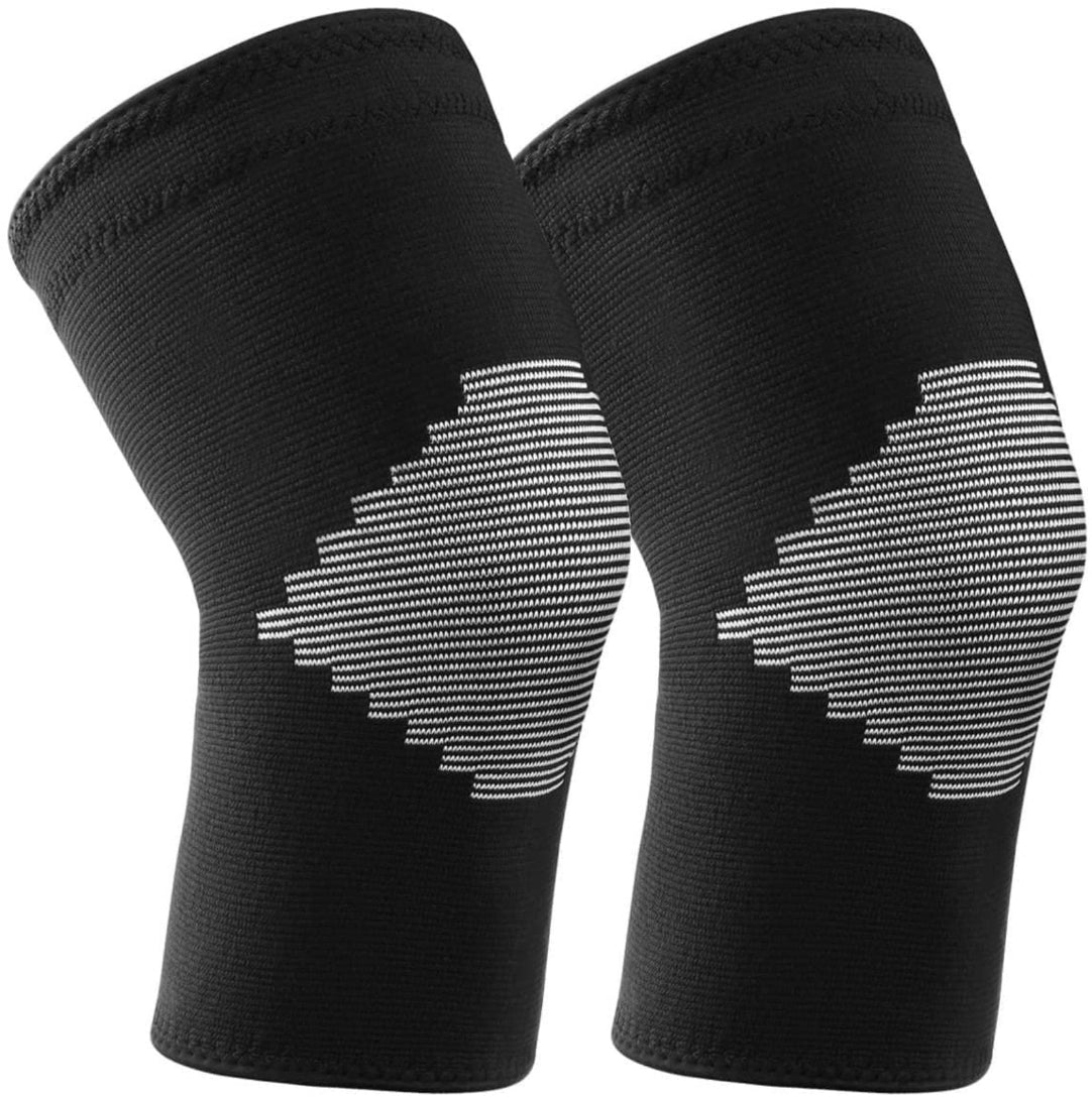 A pair of black knee brace compression sleeves with white anti-slip stripes.