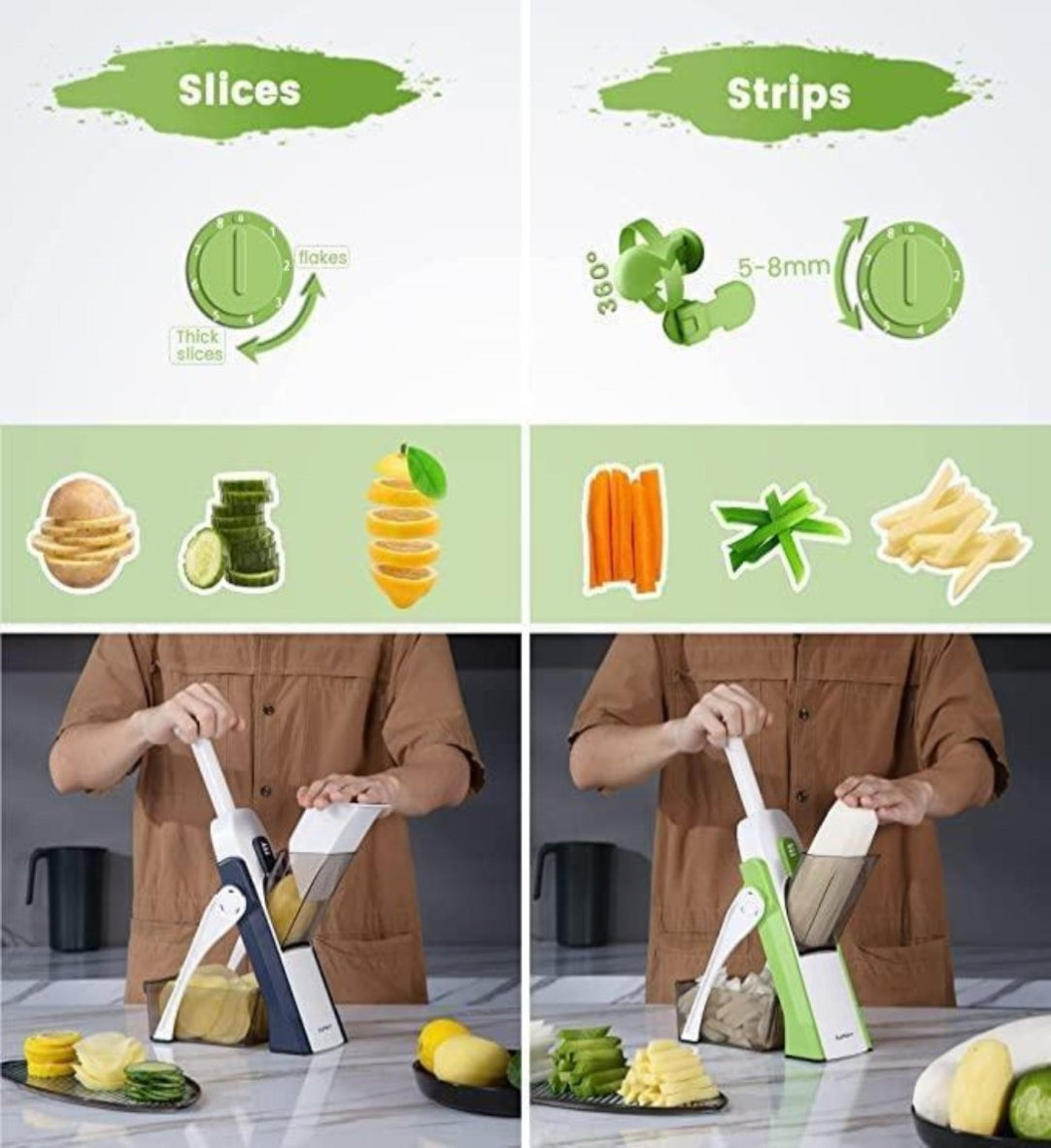 Vegetable slicer demonstration with different cutting modes and food examples.